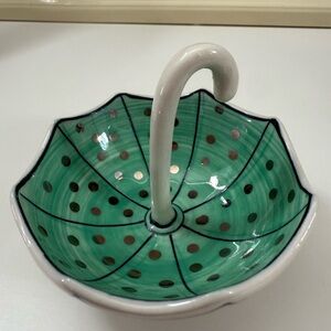 Anthropologie Ceramic Umbrella Trinket Dish in Teal with Silver Dots